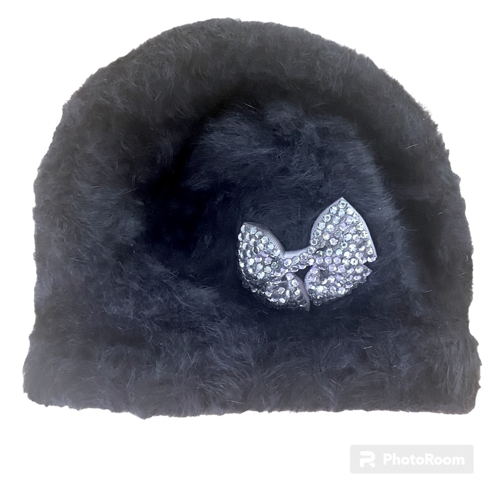 Beret Angora with Rhinestone Bow - Black NWOT